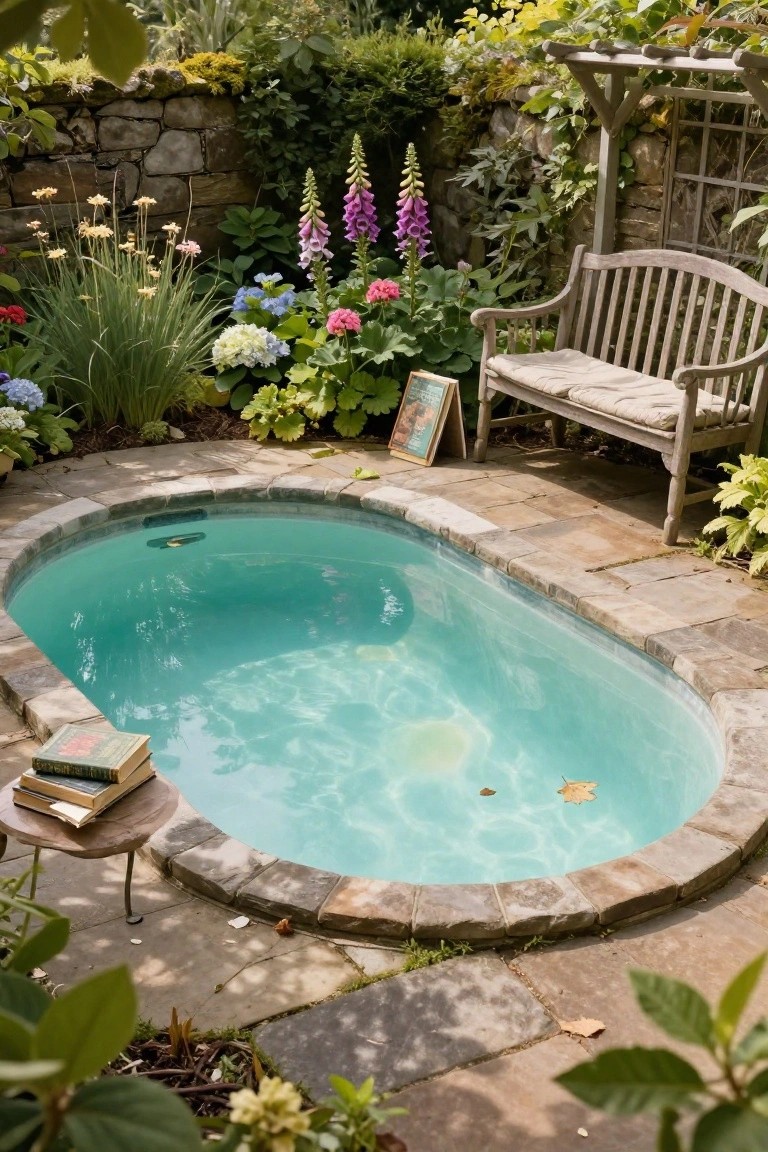 Small oval turquoise pool with stone edging in a lush garden filled with flowers, plants, and greenery, next to a wooden bench, framed picture, and small wooden table on stone pavers.