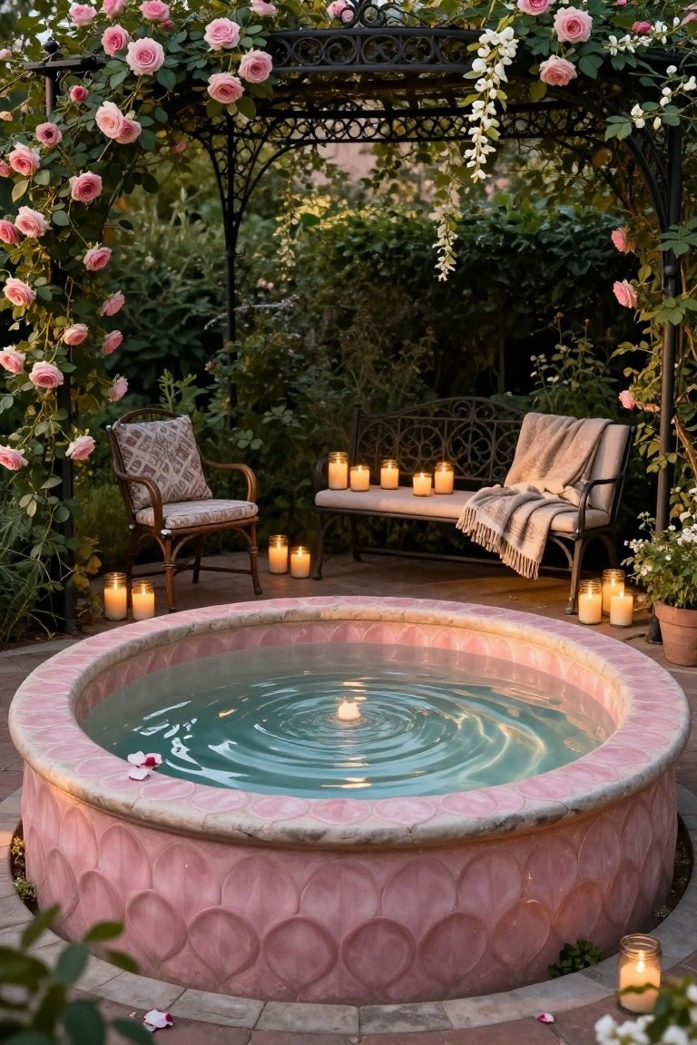 Pink scalloped-edge circular pool filled with clear water, surrounded by candles on the ground, wicker chairs, a cushioned bench with a blanket, and pink roses climbing a black metal arbor amid green plants.