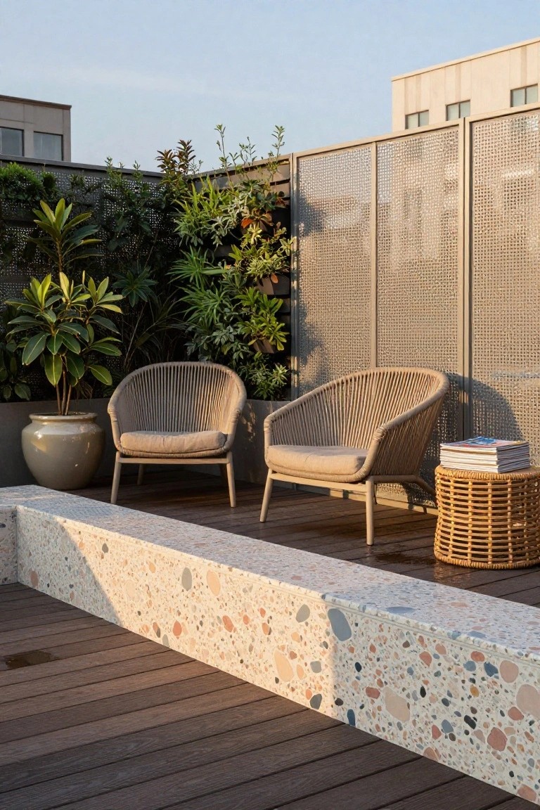 Two beige rattan armchairs with cushions on a wooden deck beside a speckled terrazzo bench and woven side table, surrounded by potted tropical plants and tall perforated metal privacy screens on a rooftop terrace.