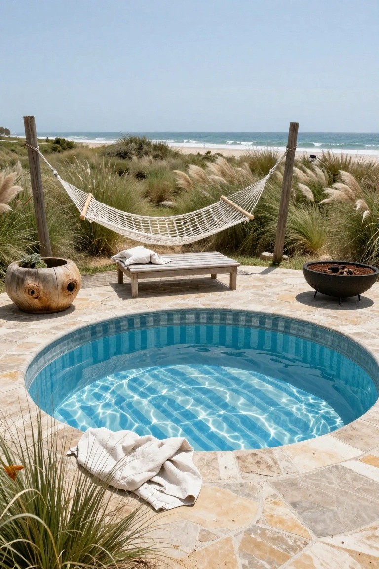Circular blue-tiled pool on stone paver deck amid tall beach grasses and dunes near the ocean, with white hammock between wooden poles, wooden bench, fire pit, and carved wooden planter.