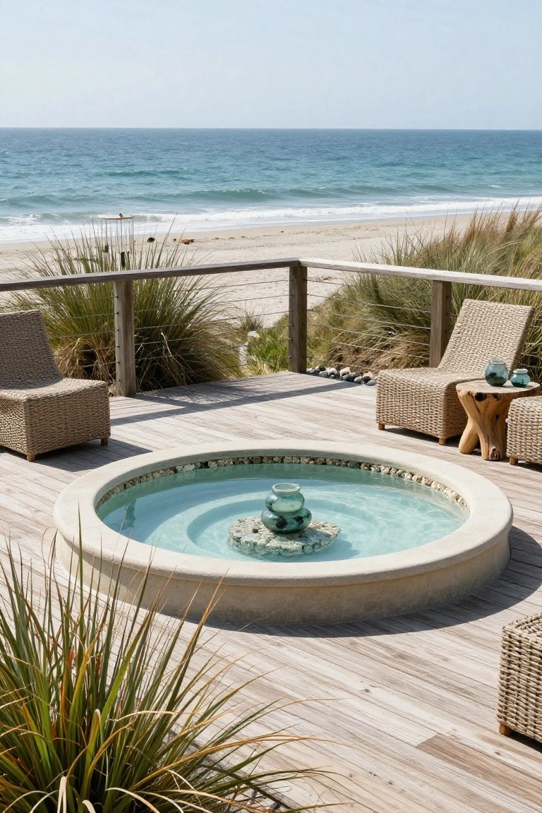Circular turquoise pool with central fountain sculpture on a wooden deck surrounded by beach grass, wicker chairs, and side tables, overlooking sandy beach and ocean.