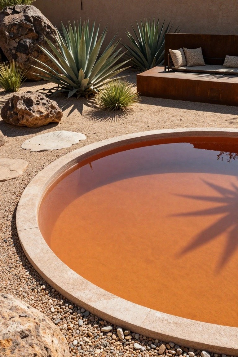 Circular pool basin with reddish water and beige stone edging set in gravel desert landscape with boulders, agave plants, stepping stones, and a metal bench with cushions nearby.