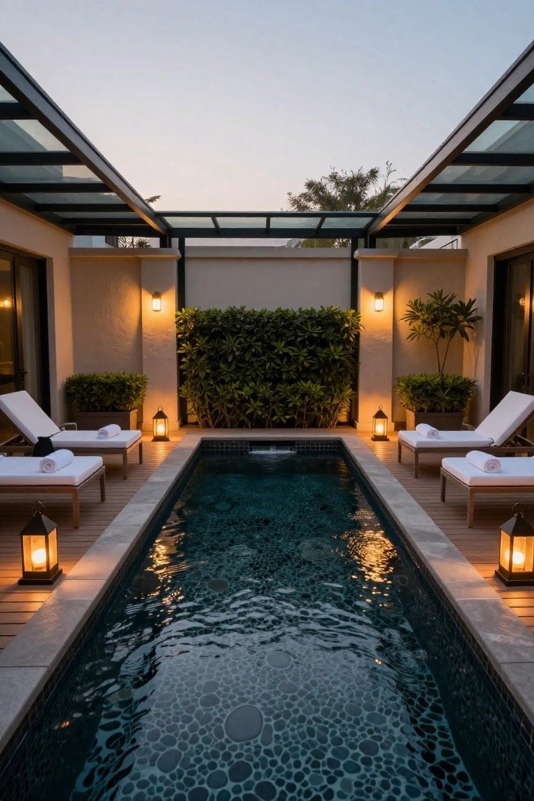 Narrow rectangular pool with dark pebbled mosaic tile bottom, wooden decking, white loungers with towels, potted plants, lanterns, and glass-roofed enclosure at dusk.