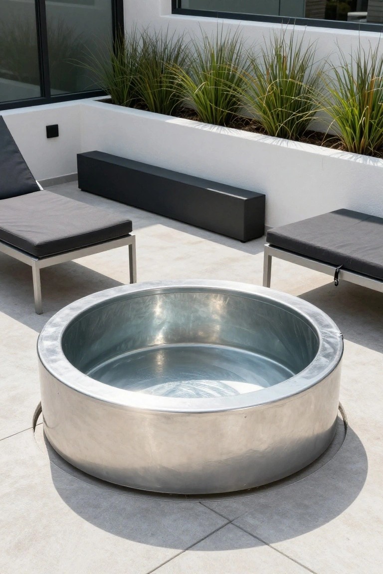 A circular silver stock tank pool filled with water centered on a light gray paver rooftop terrace, with two matching gray metal lounge chairs nearby, potted grasses along a white wall, and large windows in the background.