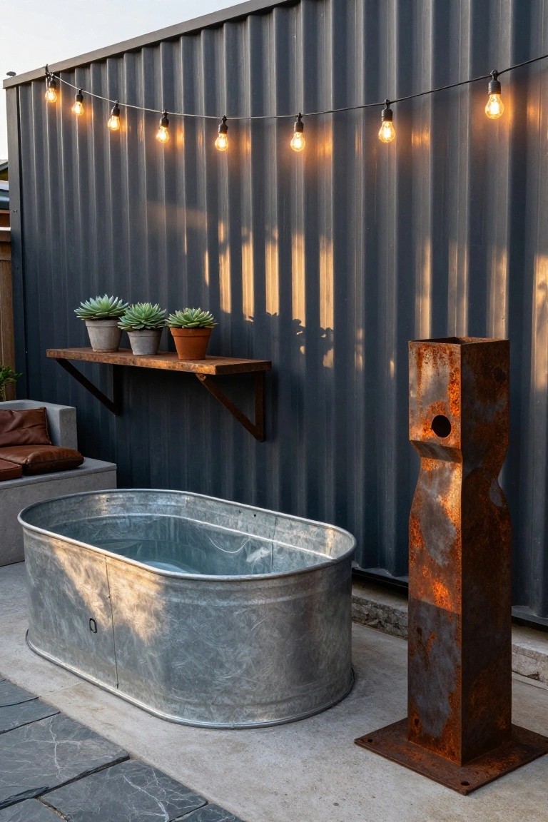 Galvanized stock tank pool on a patio next to low concrete seating, with a wooden wall shelf holding three potted succulents, string lights on a dark corrugated metal fence, and a tall rusted metal sculpture nearby.