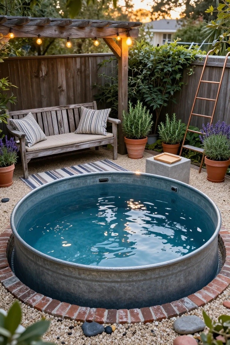 Galvanized stock tank pool with blue liner partially sunk into ground with brick edging, surrounded by gravel, potted plants, wooden bench, copper ladder, and string lights in backyard.