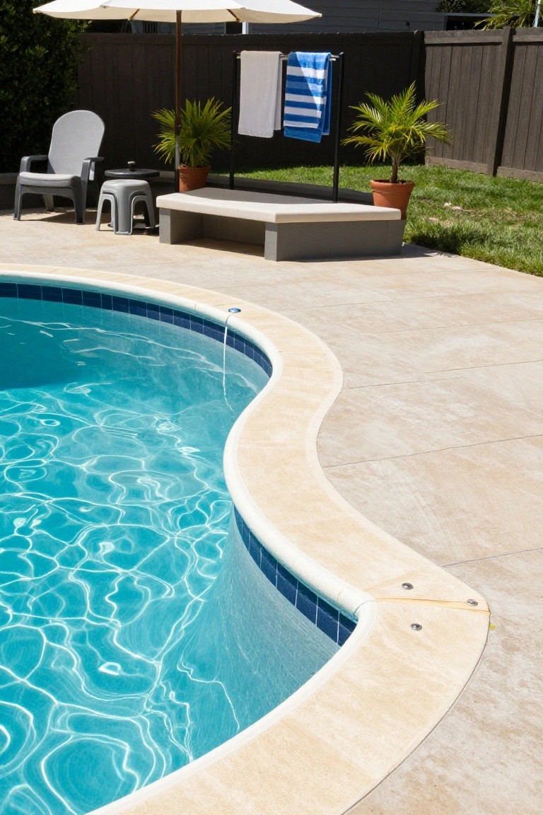 Curved in-ground swimming pool with blue tiled waterline edge and beige tiled decking, lounge chairs, small table, plants, towels on rack, and umbrella nearby wooden fence.