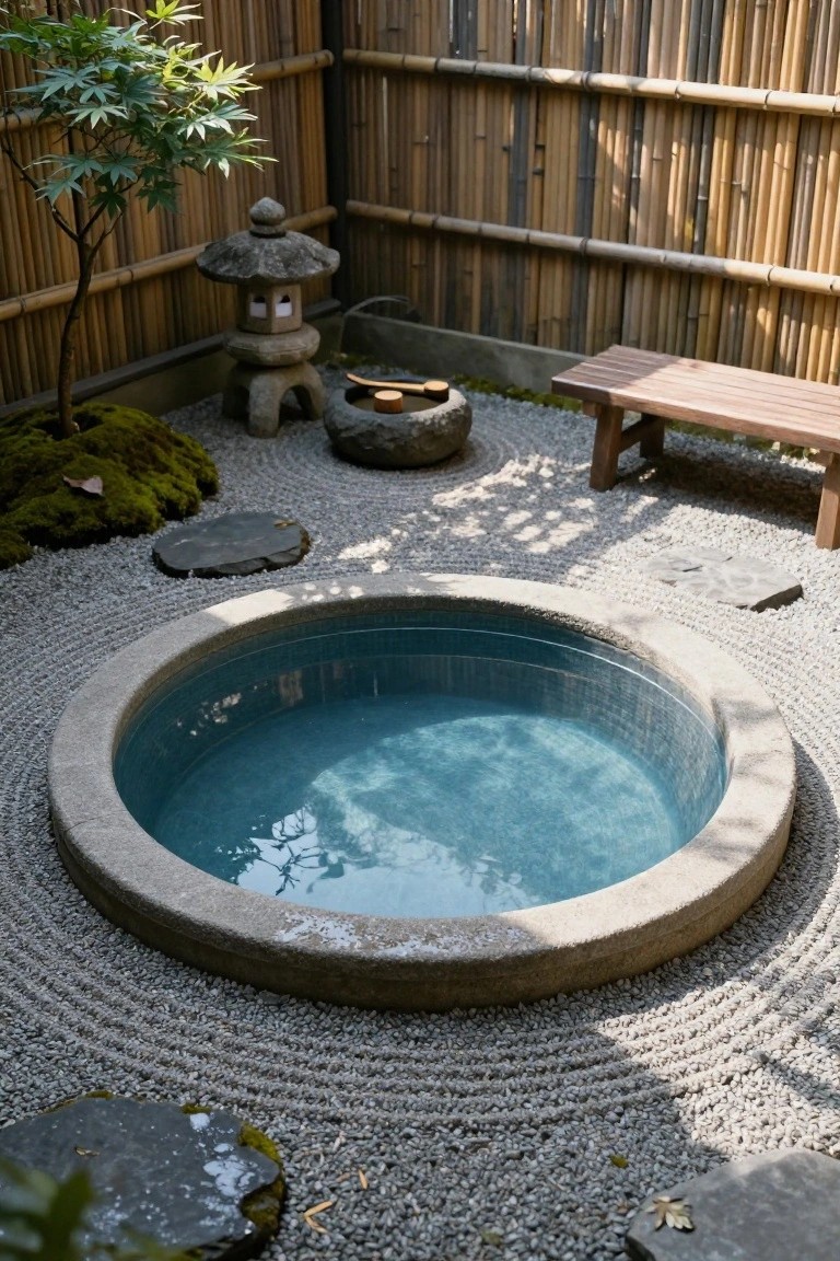 Circular stone-edged pool with blue tiled interior centered in a gravel zen garden, surrounded by raked pebbles, moss-covered rocks, a stone lantern, bamboo fence, bench, and small maple tree.