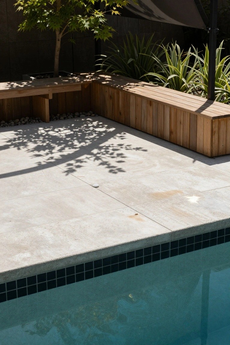 20 Eye-Catching Pool Edge Tile Ideas With A Defined Finish Pool edge with black mosaic tiles along the coping, light gray concrete decking extending outward, wooden benches with pebble fill below, flax plants, potted Japanese maple tree, and shadows cast on the ground.