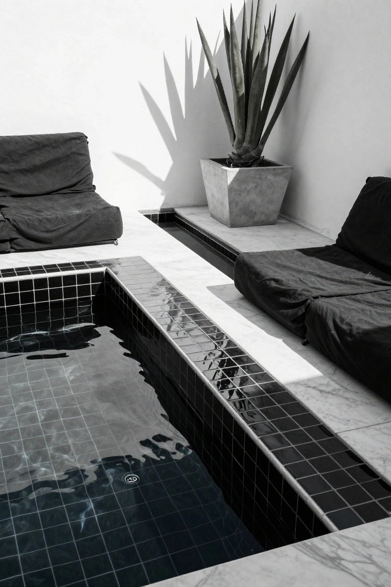 20 Eye-Catching Pool Edge Tile Ideas With A Defined Finish Black Mosaic Tile Pool Edges