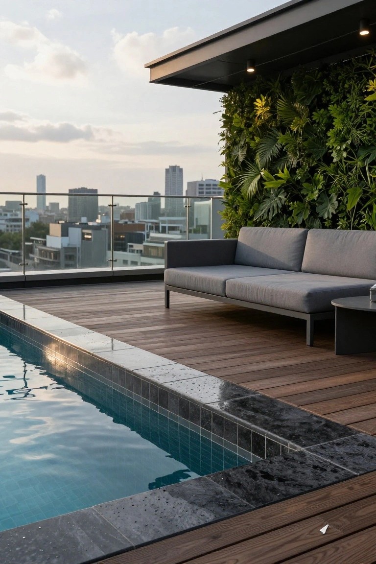 20 Eye-Catching Pool Edge Tile Ideas With A Defined Finish Rooftop pool with dark blue mosaic tile interior and wide black stone slab coping along the edge, next to a wooden deck with gray L-shaped sofa, green plant wall, and city view at sunset.