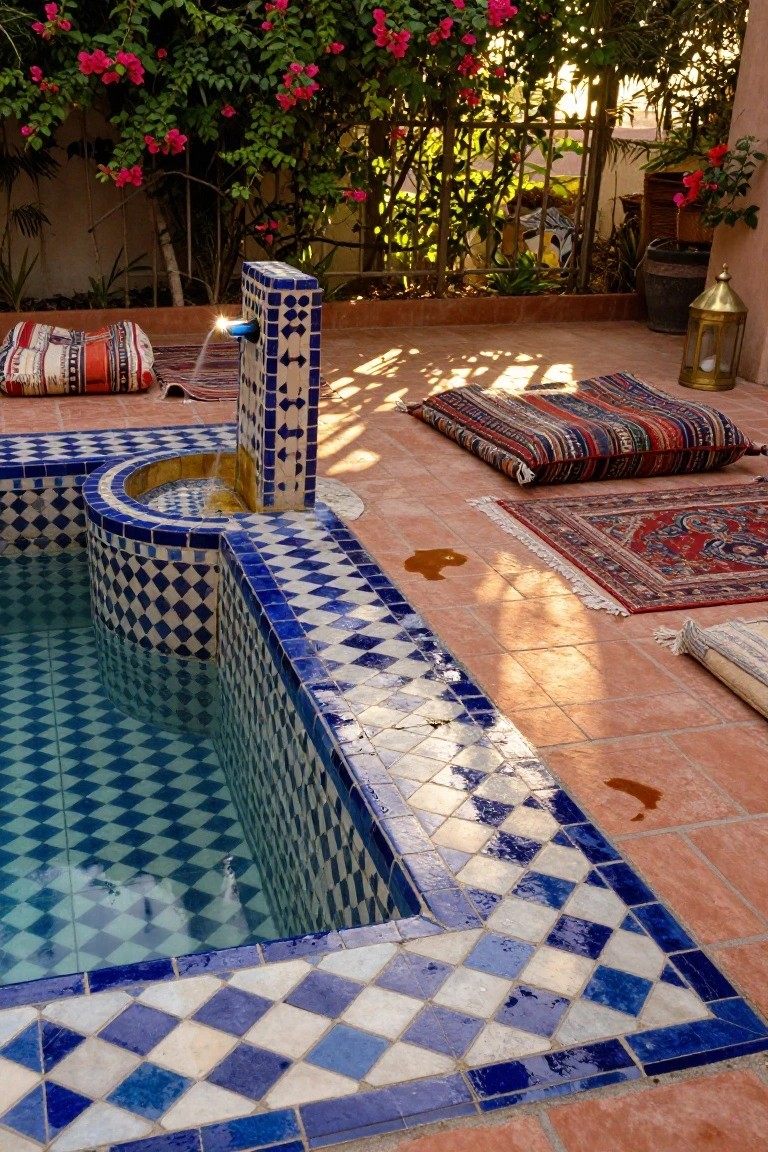 20 Eye-Catching Pool Edge Tile Ideas With A Defined Finish Small rectangular pool with blue and white mosaic tile edges and interior, surrounded by terracotta patio tiles, a tiled fountain, colorful cushions, rugs, potted plants, and bougainvillea vines in sunlight.
