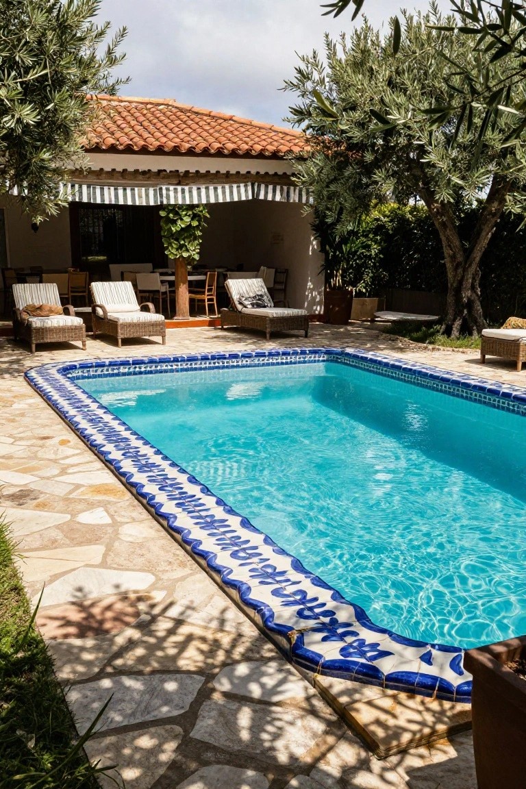 20 Eye-Catching Pool Edge Tile Ideas With A Defined Finish Rectangular swimming pool with blue and white patterned ceramic tile edging on a stone-paver patio, lounge chairs nearby, olive trees, and a terracotta-roofed house in the background.