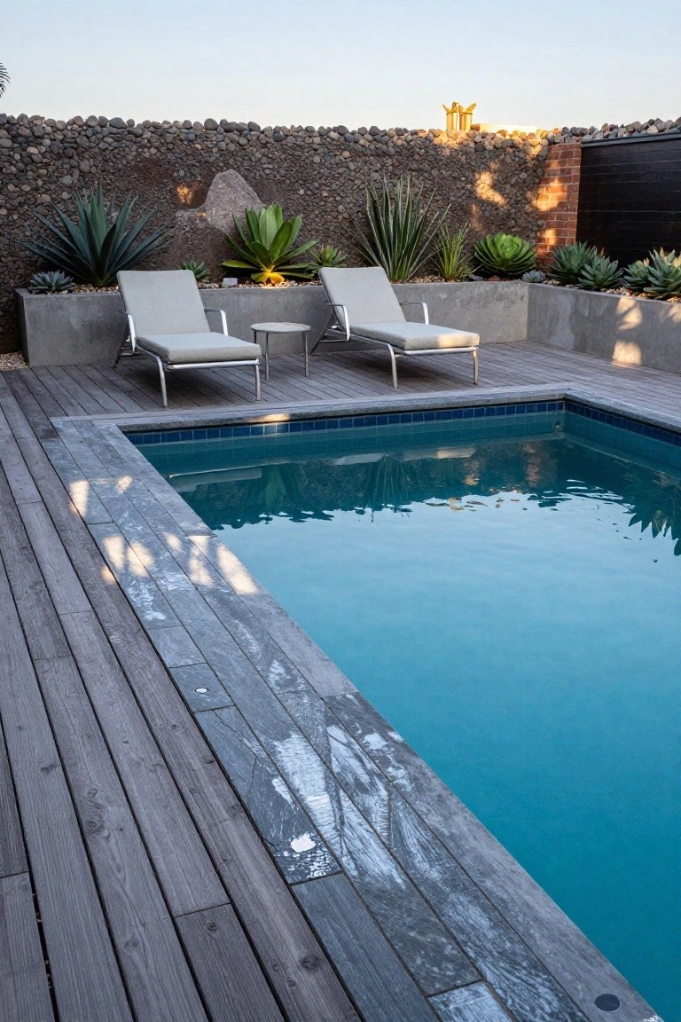 20 Eye-Catching Pool Edge Tile Ideas With A Defined Finish Pool with blue tiled edges adjacent to gray wood decking, two lounge chairs on the deck beside concrete planters filled with succulents, stone wall and agave plants in the background.