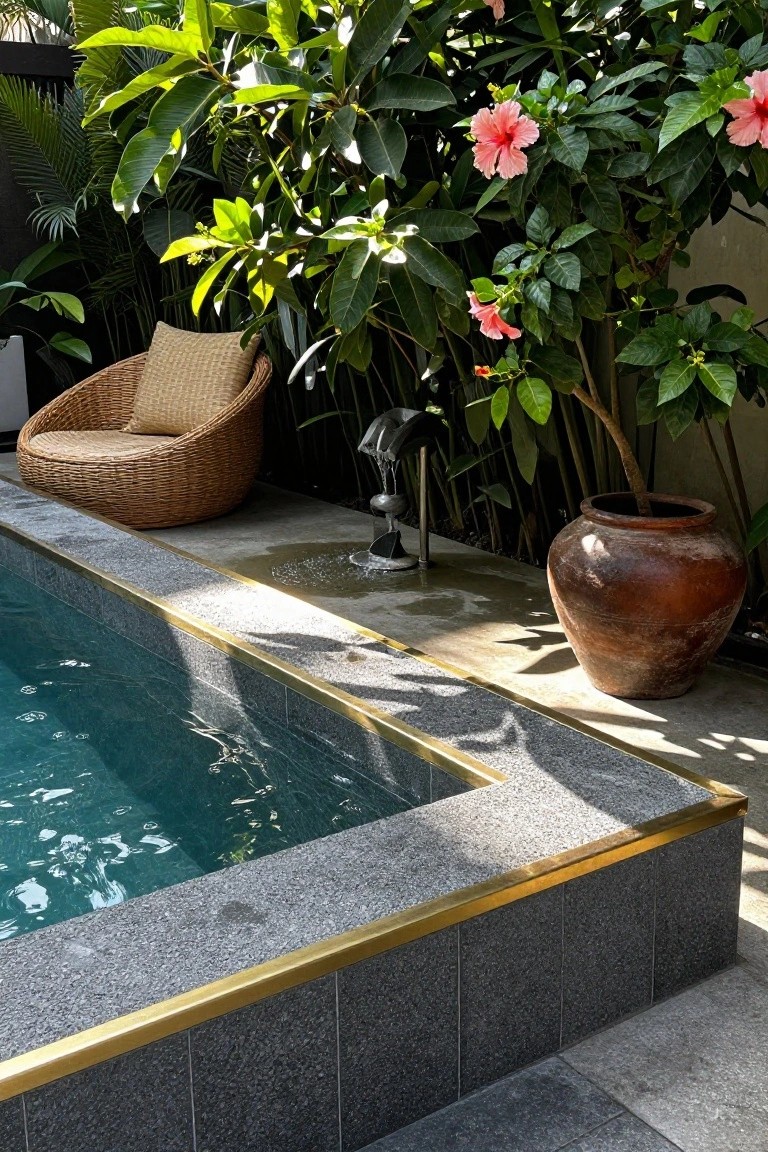 20 Eye-Catching Pool Edge Tile Ideas With A Defined Finish Pool edge with dark gray stone tiles topped by thin gold metal trim, next to clear blue water, a woven rattan chair with cushion, tropical plants, and a large terracotta pot on a concrete deck.