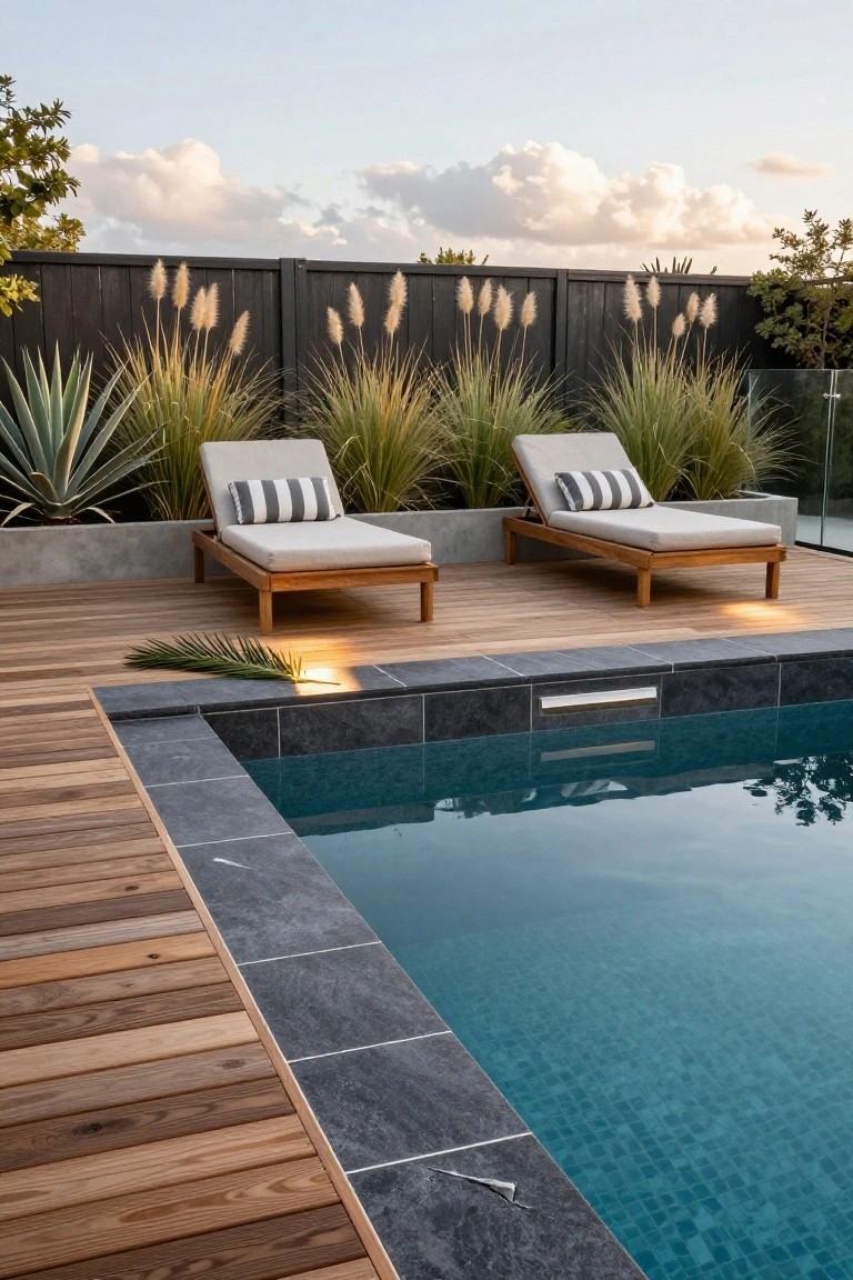 20 Eye-Catching Pool Edge Tile Ideas With A Defined Finish Pool area featuring two wooden loungers on a light wood deck next to a dark tiled pool edge, with pampas grass and agave plants in concrete planters against a black timber fence.