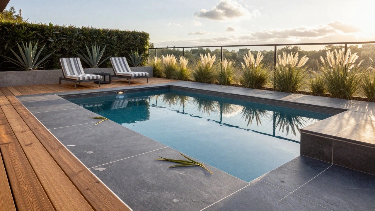 Pool area featuring two wooden loungers on a light wood deck next to a dark tiled pool edge, with pampas grass and agave plants in concrete planters against a black timber fence.