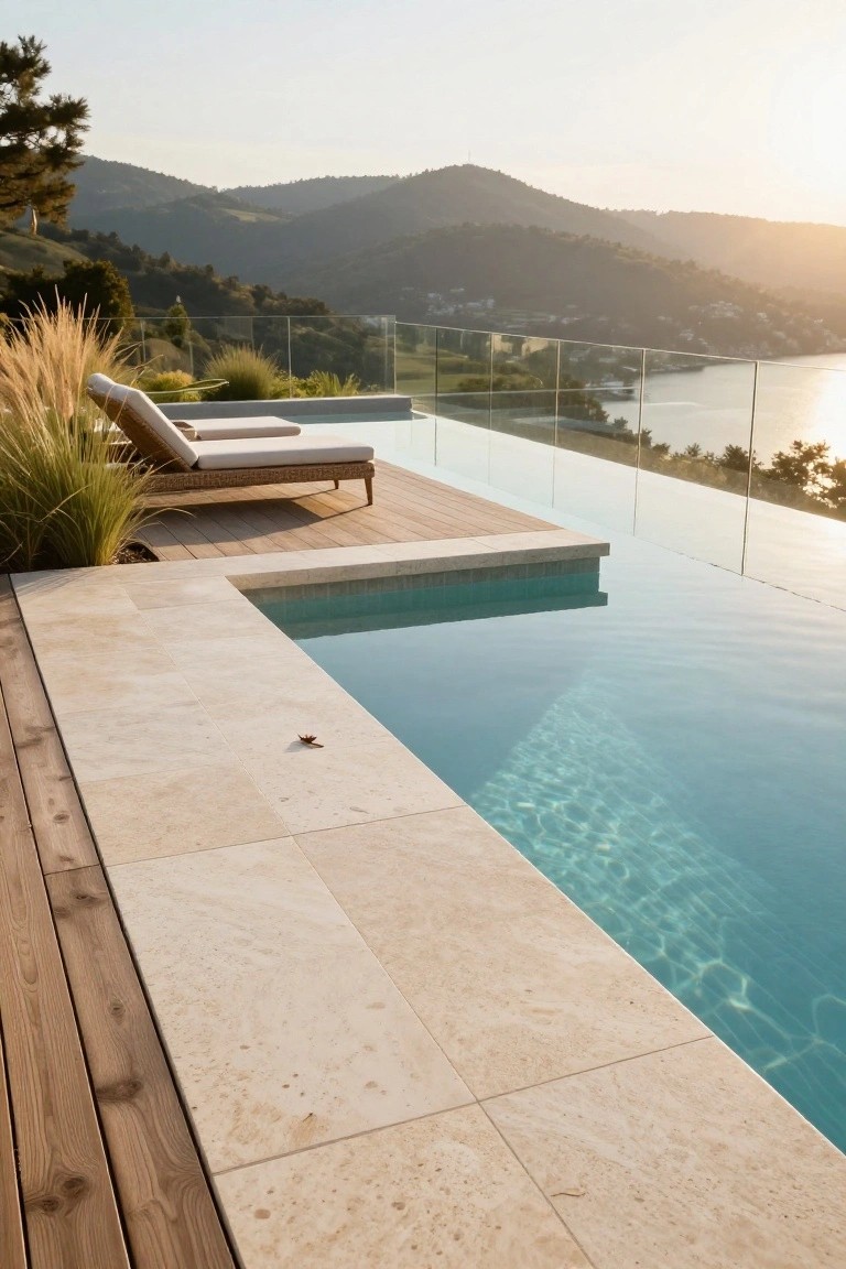 20 Eye-Catching Pool Edge Tile Ideas With A Defined Finish Close-up view of an infinity pool edge with light beige stone tiles, adjacent wooden decking, two lounge chairs with cushions, potted grasses, and glass railing overlooking hills, a lake, and sunset sky.