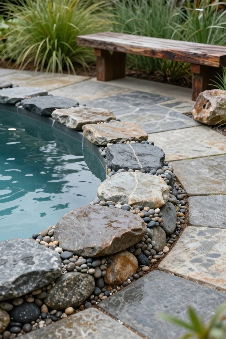 20 Eye-Catching Pool Edge Tile Ideas With A Defined Finish Close-up of a curved pool edge lined with irregular gray and brown stones, boulders, and pebbles against slate tiles, with water visible inside the pool and a wooden bench nearby.