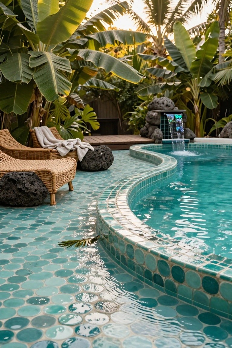 20 Eye-Catching Pool Edge Tile Ideas With A Defined Finish Curved swimming pool edge tiled with small round turquoise ceramic tiles, adjacent to a rock waterfall and surrounded by tropical plants, wooden loungers, and lava rock stools.