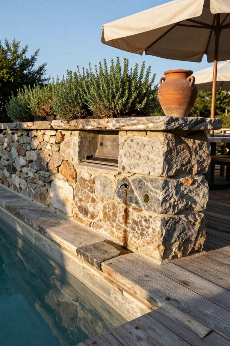 20 Eye-Catching Pool Edge Tile Ideas With A Defined Finish Pool edge with rough stacked stone wall and coping, wooden deck platform, terracotta pot, rosemary plants in raised bed, and beige umbrellas nearby.