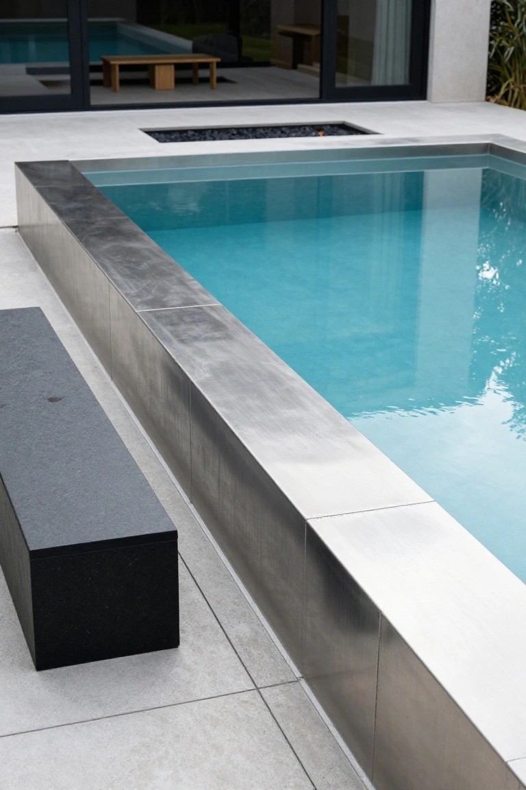 20 Eye-Catching Pool Edge Tile Ideas With A Defined Finish Modern infinity-edge pool with brushed stainless steel cladding along the edge, turquoise water, black stone bench on white tiled patio nearby, and fire pit visible in the background.