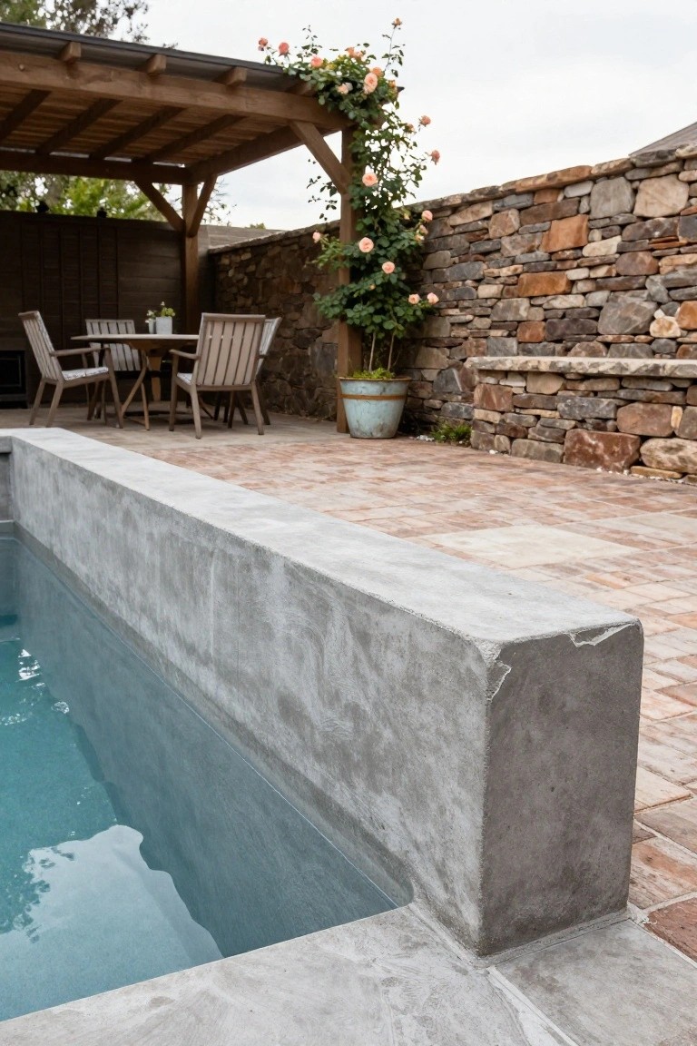 20 Eye-Catching Pool Edge Tile Ideas With A Defined Finish Close-up view of a rectangular pool with smooth gray concrete coping along the edge, turquoise water, adjacent brick pavers, wooden pergola with climbing roses, and stone wall in the background.