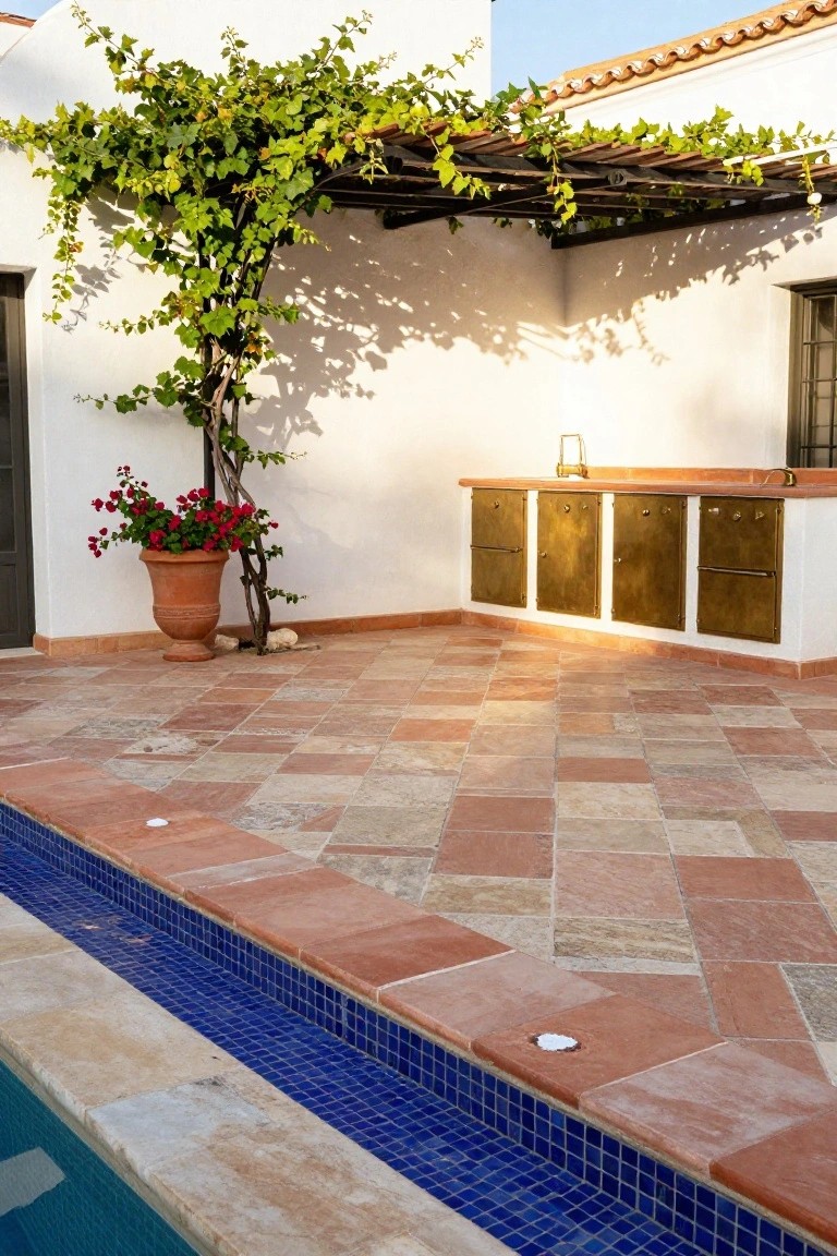 20 Eye-Catching Pool Edge Tile Ideas With A Defined Finish Pool edge finished with thick terracotta tiles in a diamond pattern, contrasting blue mosaic pool tiles, adjacent to terracotta patio flooring, white stucco wall, vine-covered pergola, and built-in kitchen cabinets.
