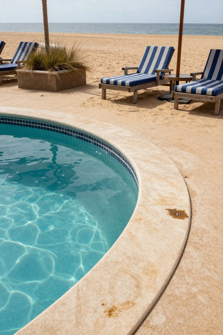 20 Eye-Catching Pool Edge Tile Ideas With A Defined Finish Curved swimming pool edge with blue mosaic tiles, thick beige travertine coping, sandy deck surrounding it, blue lounge chairs nearby, and ocean view in the background.