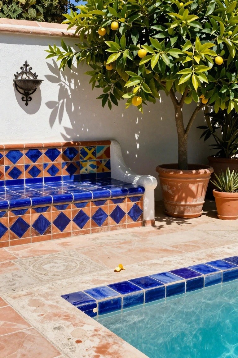 20 Eye-Catching Pool Edge Tile Ideas With A Defined Finish Poolside built-in bench covered in blue and terracotta diamond-patterned tiles next to a small rectangular pool with matching blue tile edging, potted plants and orange tree nearby against white stucco wall.