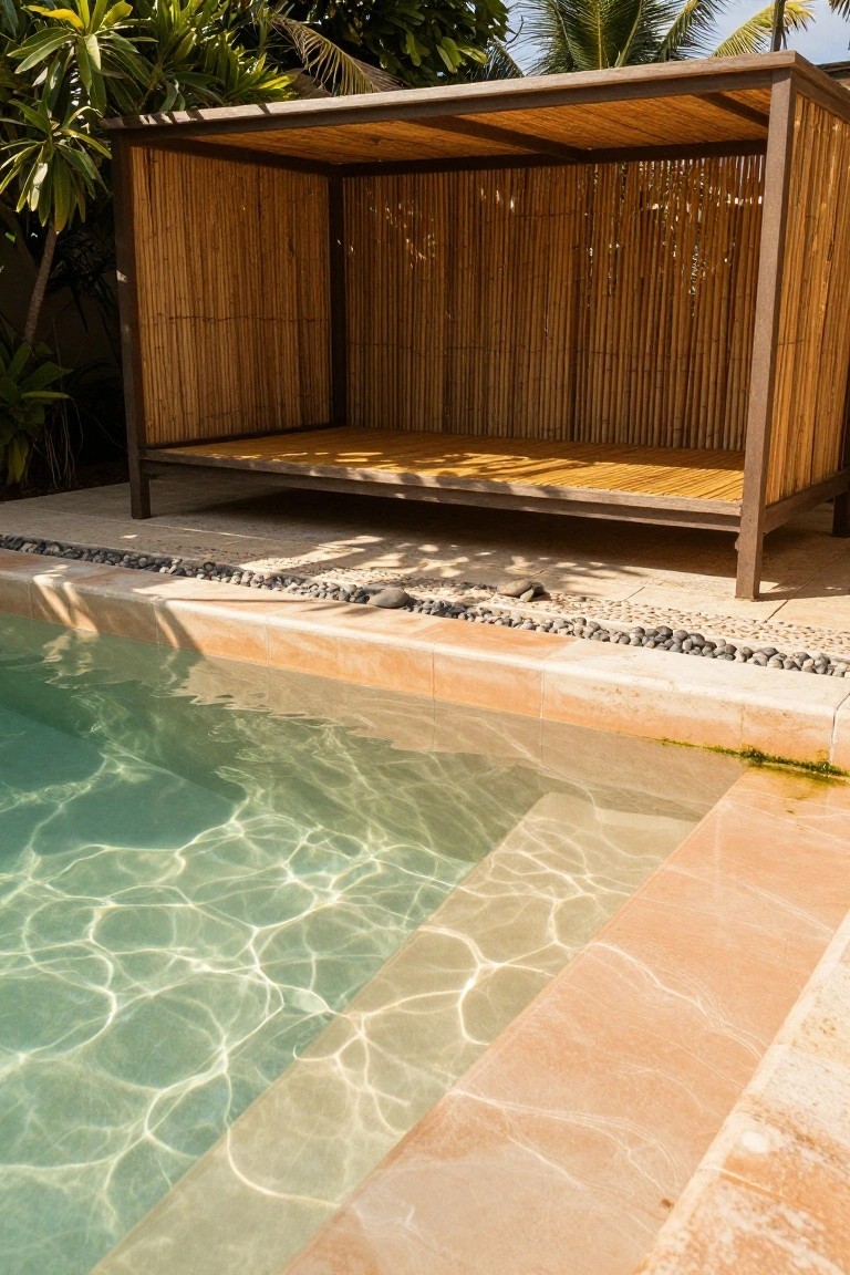 20 Eye-Catching Pool Edge Tile Ideas With A Defined Finish Pool with warm terracotta edge tiles bordered by pebbles and small rocks, adjacent to a bamboo pavilion on a stone deck surrounded by tropical plants.