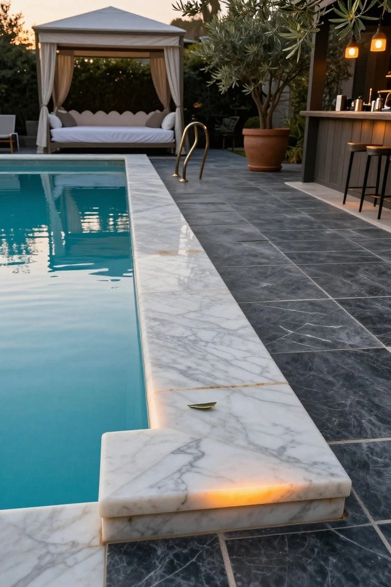20 Eye-Catching Pool Edge Tile Ideas With A Defined Finish Turquoise pool edge with white marble coping contrasting dark slate deck tiles, olive tree and cabana bed in background at dusk.