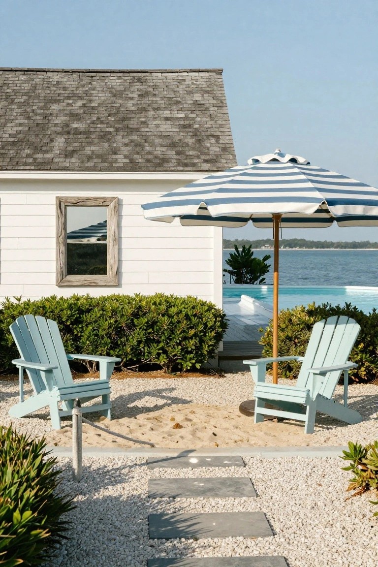 Two pale blue Adirondack chairs positioned under a blue-and-white striped beach umbrella next to an infinity-edge pool, with a white shingled building, bushes, gravel ground, and ocean in the background.