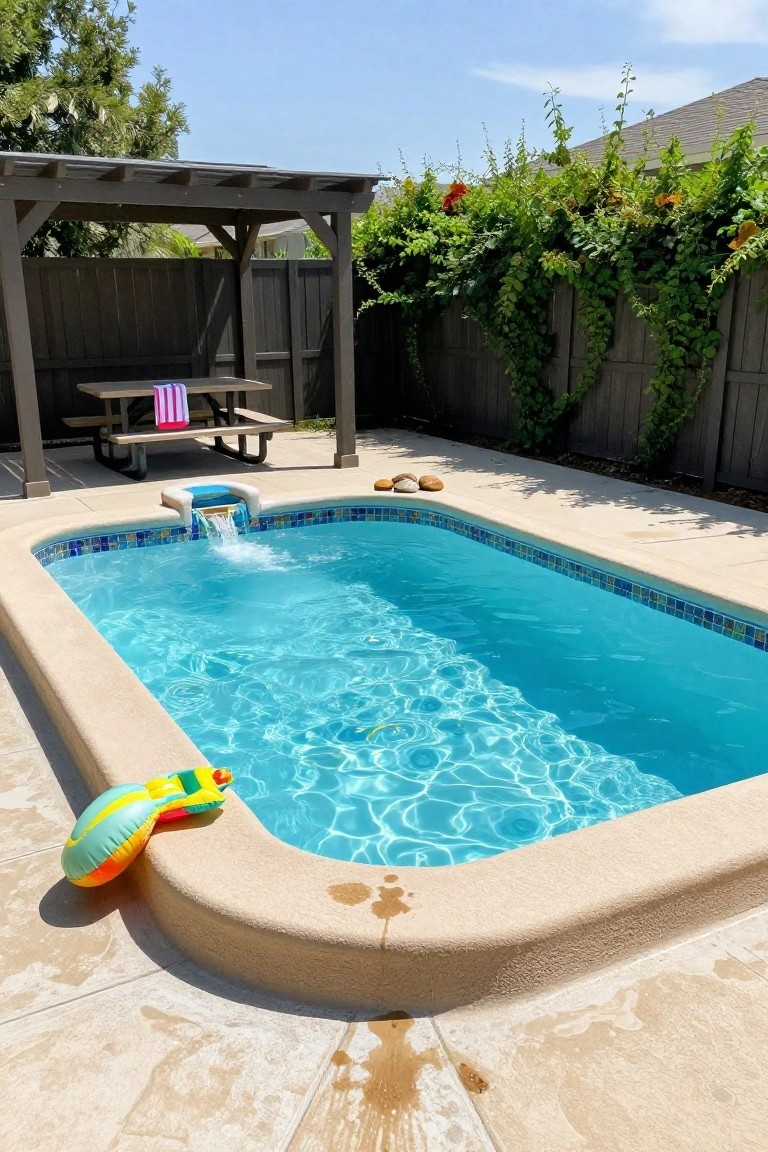 Small oval fiberglass pool with blue mosaic tile edges and turquoise water, featuring a raised white spa with waterfall at one end, on a beige concrete patio in a backyard with wooden fence, pergola, picnic table, and pool toys.