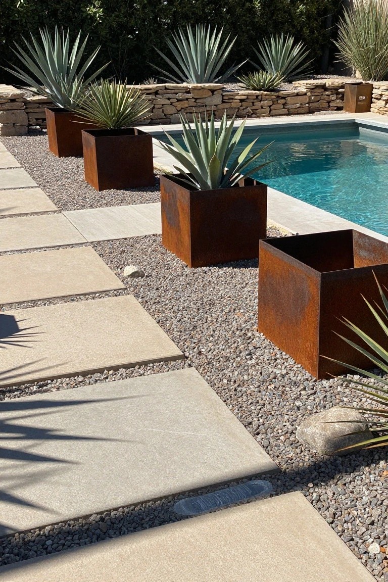 Fiberglass pool edged by large rusted square metal planters filled with agave plants, gravel ground cover, stone pavers, and a low stone wall with background greenery.