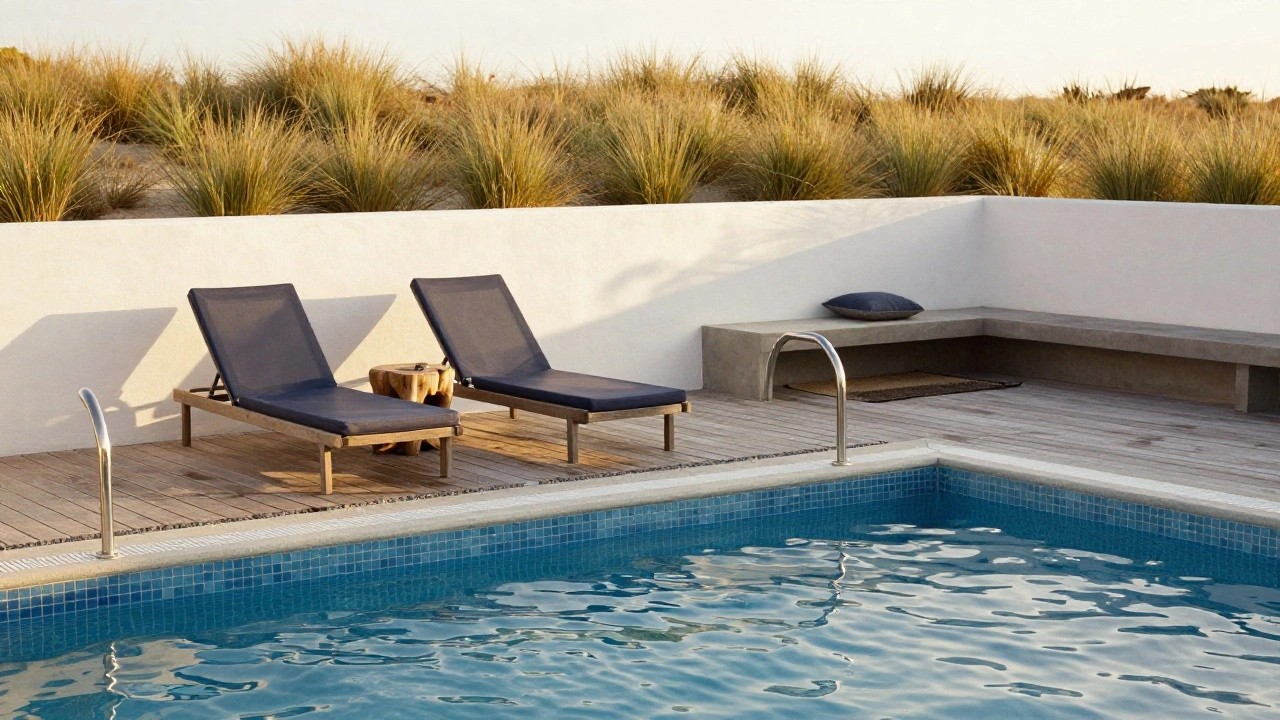 Rooftop pool with blue mosaic tiles edged in white, wooden deck with two navy blue cushioned teak loungers and a stool positioned next to the pool, surrounded by white walls, tall grasses in planters, and pebbles.