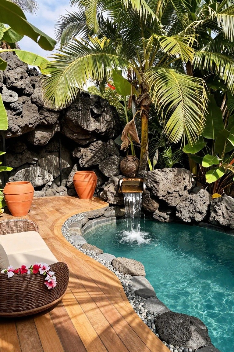 Turquoise pool curved into black lava rock surround with waterfall pouring from rocks above, wooden deck with rattan lounge chair, orange terracotta pots, and tropical plants and palms.