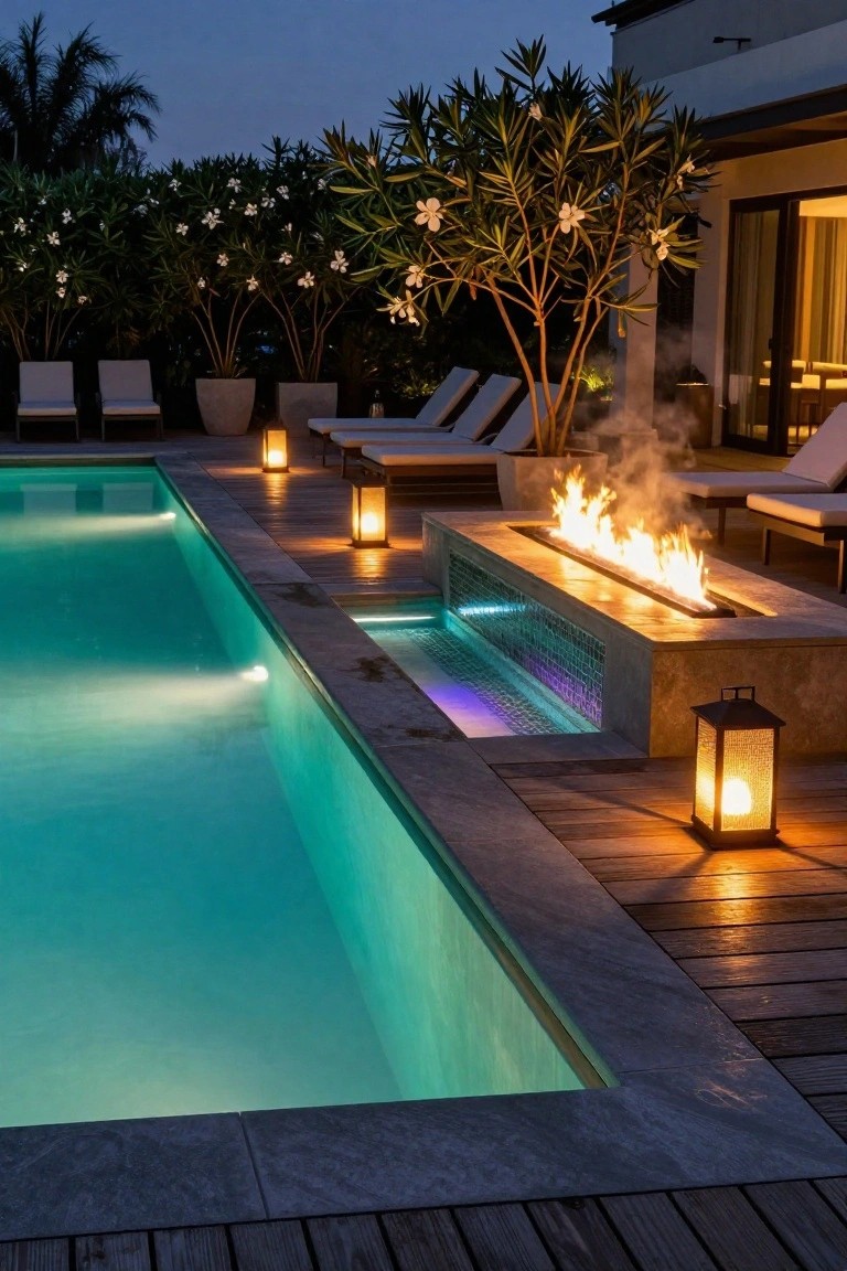 Twilight-lit fiberglass pool with turquoise water next to a stone platform holding a long linear gas fire pit, flanked by white lounge chairs, lanterns, and tropical plants with frangipani flowers.