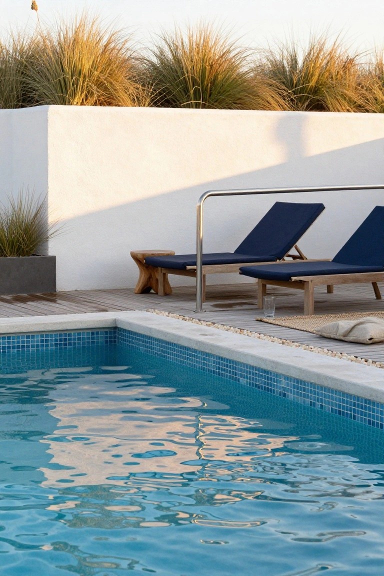 Rooftop pool with blue mosaic tiles edged in white, wooden deck with two navy blue cushioned teak loungers and a stool positioned next to the pool, surrounded by white walls, tall grasses in planters, and pebbles.