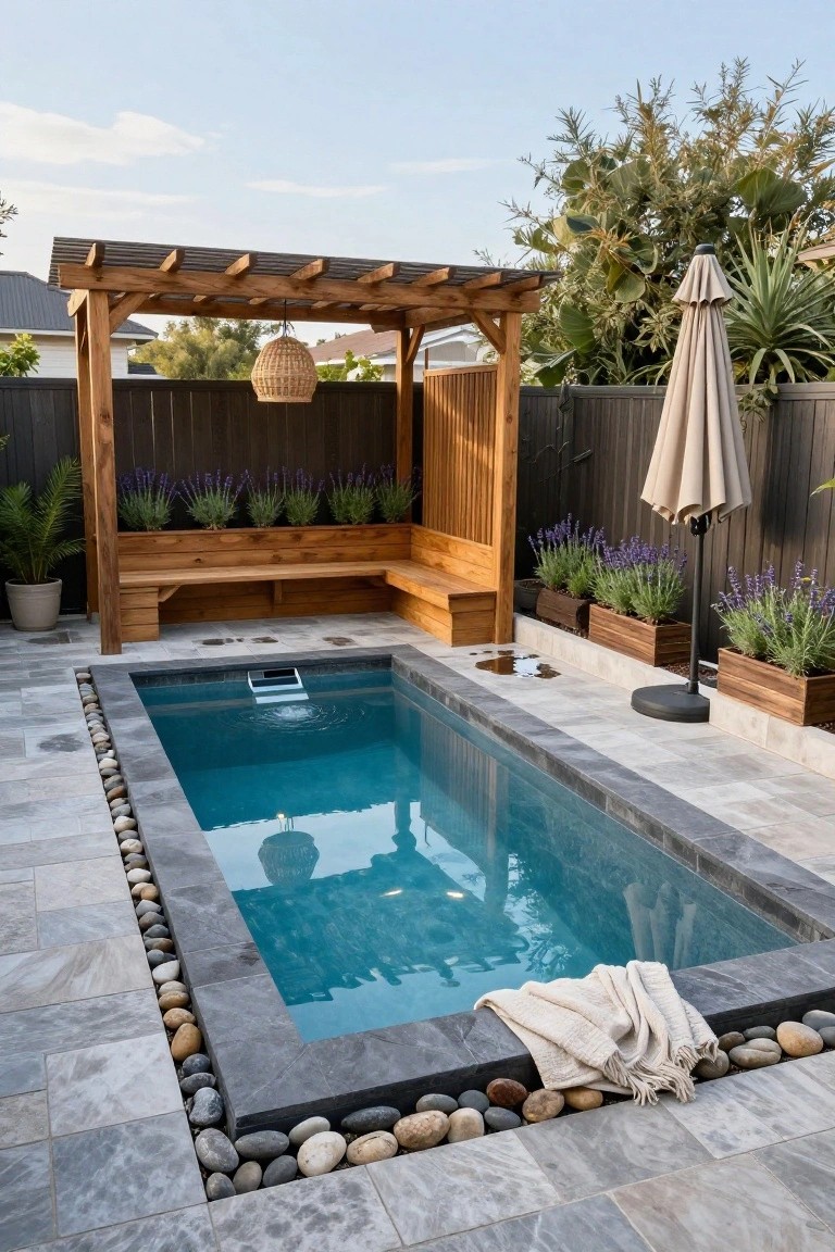 Small rectangular in-ground pool with dark edging, white pebbles along the borders, gray tile decking, adjacent wooden pergola with built-in bench and lavender planters in a fenced backyard.