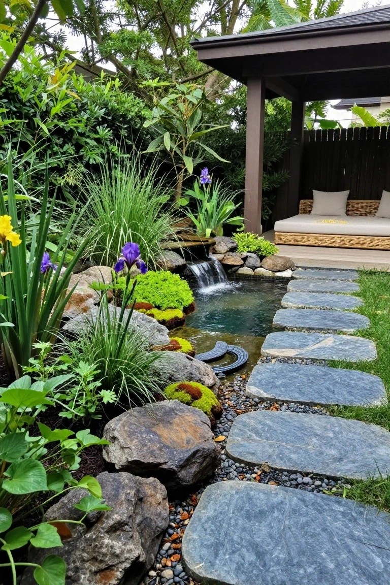 Small dark garden pond with rock waterfall, surrounded by mossy stones, iris flowers, grasses, and large slate stepping stones leading to a cushioned outdoor daybed under a wooden pavilion.
