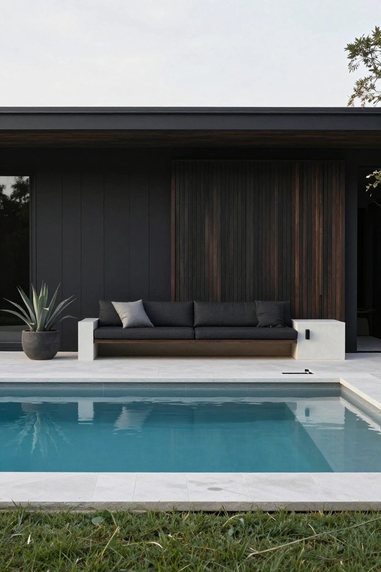 Modern black house wall with vertical wood slats next to a turquoise pool on white tiled deck, featuring dark L-shaped sofa with gray pillows, white side table, and large potted agave plant.