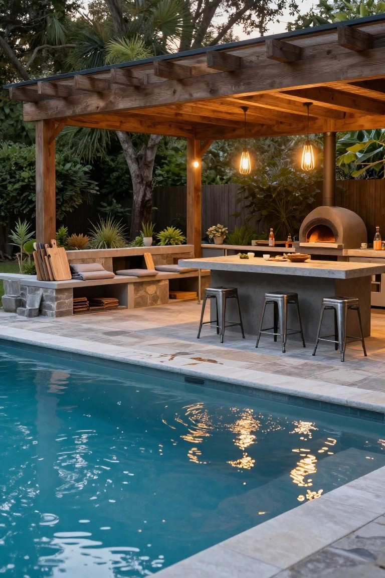 Backyard fiberglass pool adjacent to a wooden pergola-covered outdoor kitchen with concrete bar top, bar stools, built-in stone benches, wood-fired pizza oven, plants, and pendant lights.
