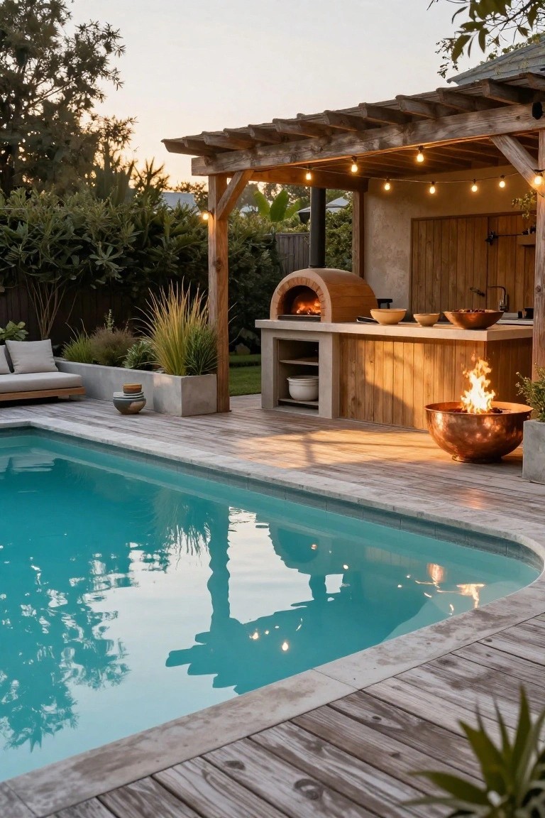Wooden deck around a turquoise fiberglass pool with adjacent outdoor kitchen under a pergola, including a wood-fired oven, countertop, copper fire bowl, and lounge seating.