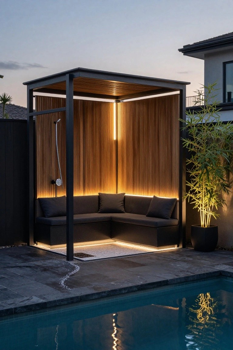 Modern black-framed outdoor shower cabana with vertical wood slat panels, overhead shower arm, L-shaped dark gray bench seating, LED strip lighting, and potted bamboo plant beside a turquoise fiberglass pool on stone pavers at dusk.