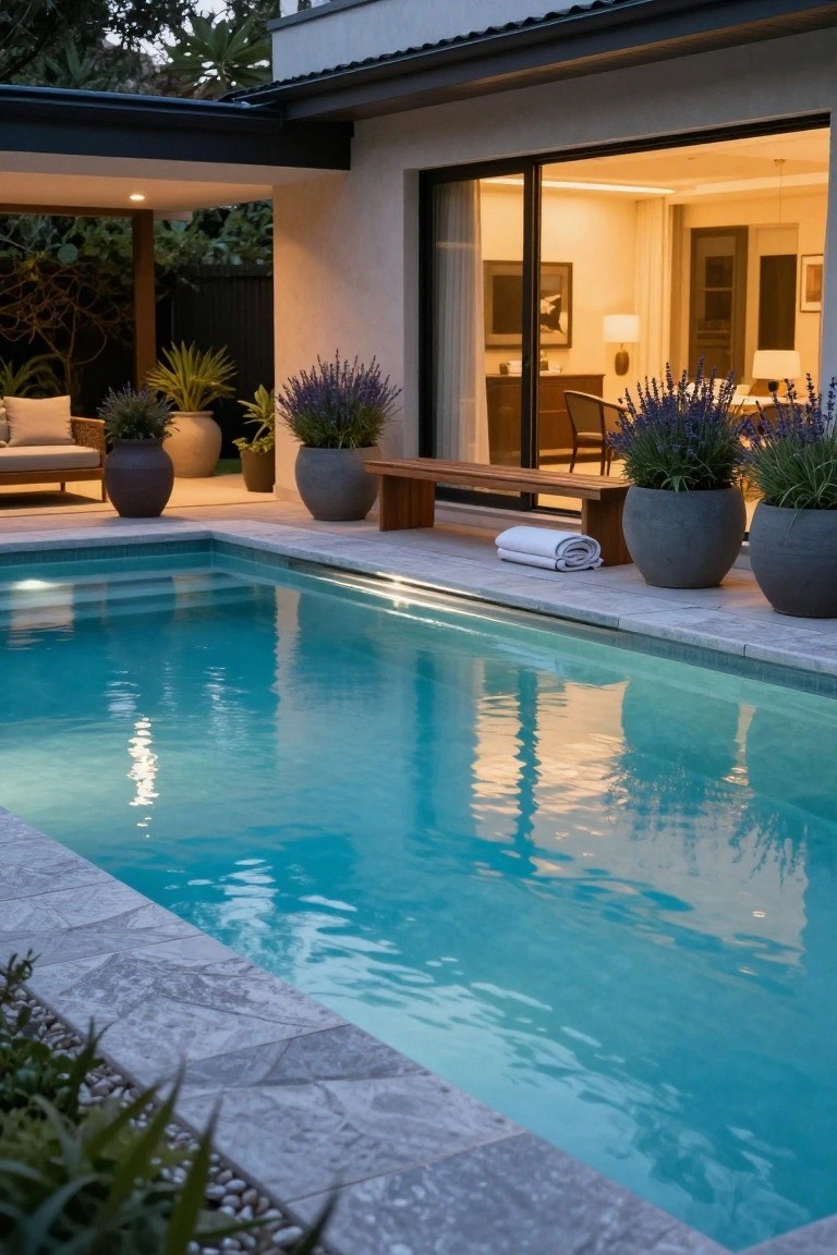 Turquoise fiberglass pool with light gray travertine decking, large gray pots of purple lavender plants along the edge, wooden bench with folded white towels, nearby lounge chairs and potted greenery, open sliding glass doors to a modern house interior at dusk.