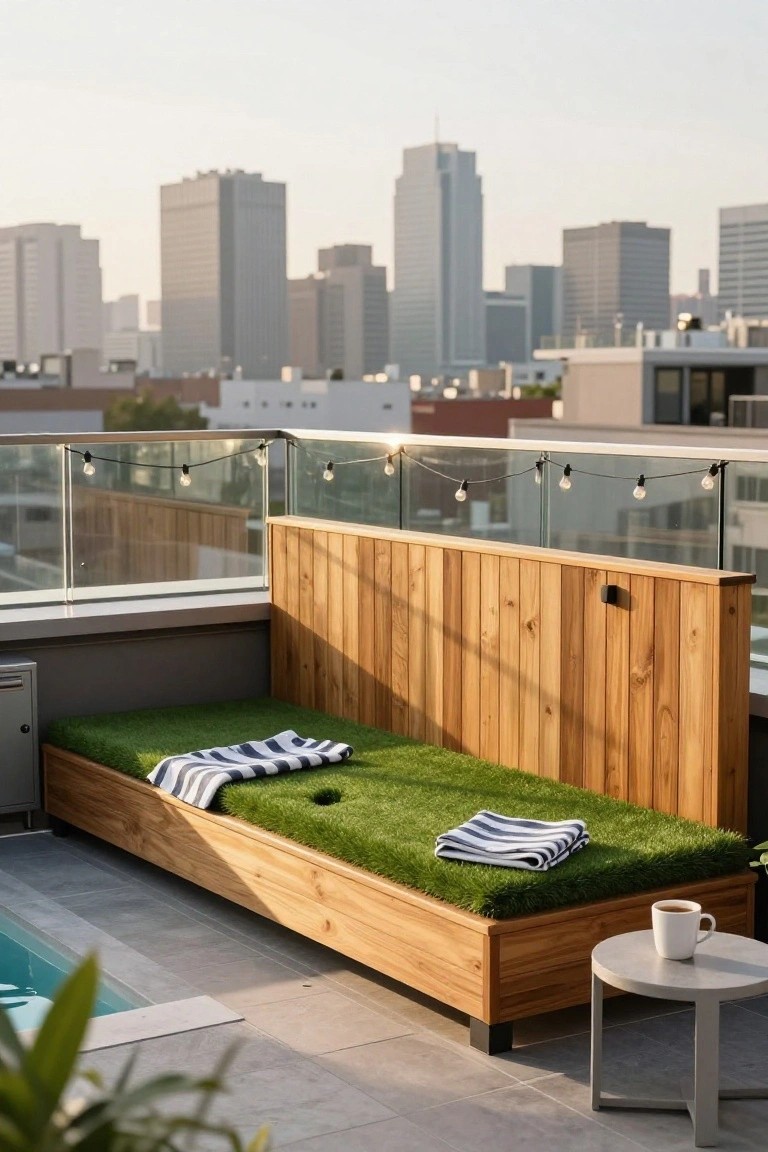 Wooden rectangular daybed topped with green artificial turf next to a small pool on a rooftop terrace, striped towels draped on the turf, white coffee mug on a round gray side table, glass railing with string lights, and city skyline in background.