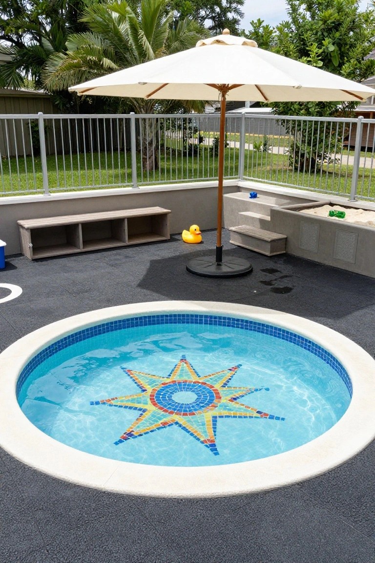 Round shallow blue-tiled fiberglass pool with multicolored mosaic star design at the bottom, surrounded by gray rubberized flooring, wooden benches, sandbox, yellow rubber duck, and beige beach umbrella in a fenced outdoor play area.