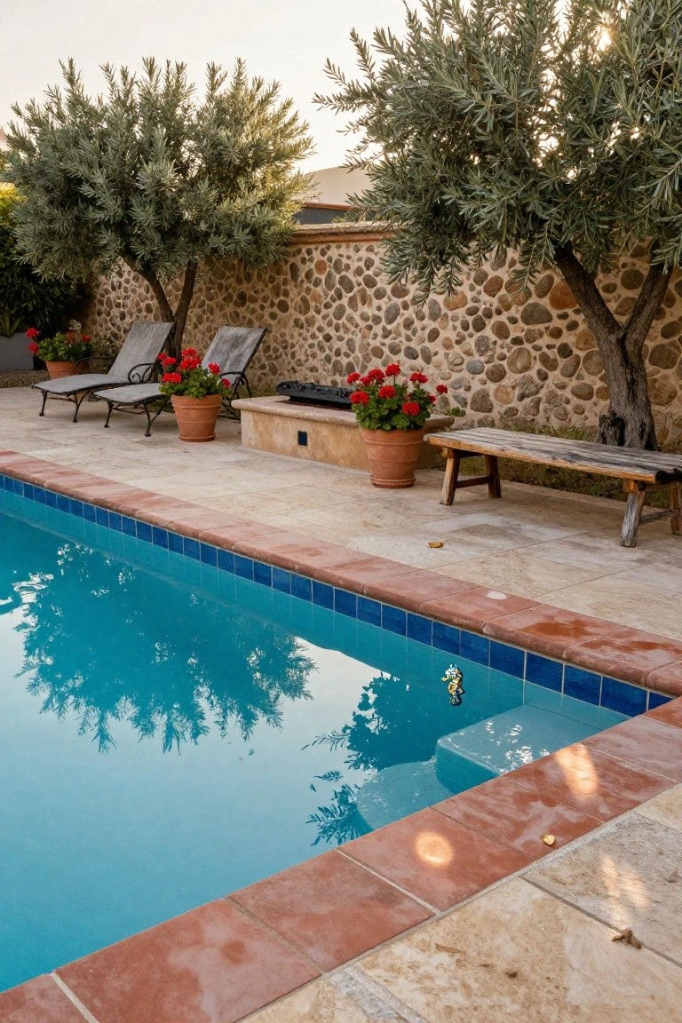 Blue-tiled pool edged in terracotta tiles and stone decking, with two gray chaise lounges, red geranium pots, olive trees, a stone wall, wooden bench, and fire feature nearby.
