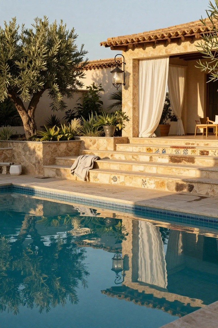Beige stone steps with colorful tile mosaics and a gray towel draped on them descend from a terraced area with chairs and white curtains to a turquoise pool, surrounded by olive trees and plants under a clear sky.